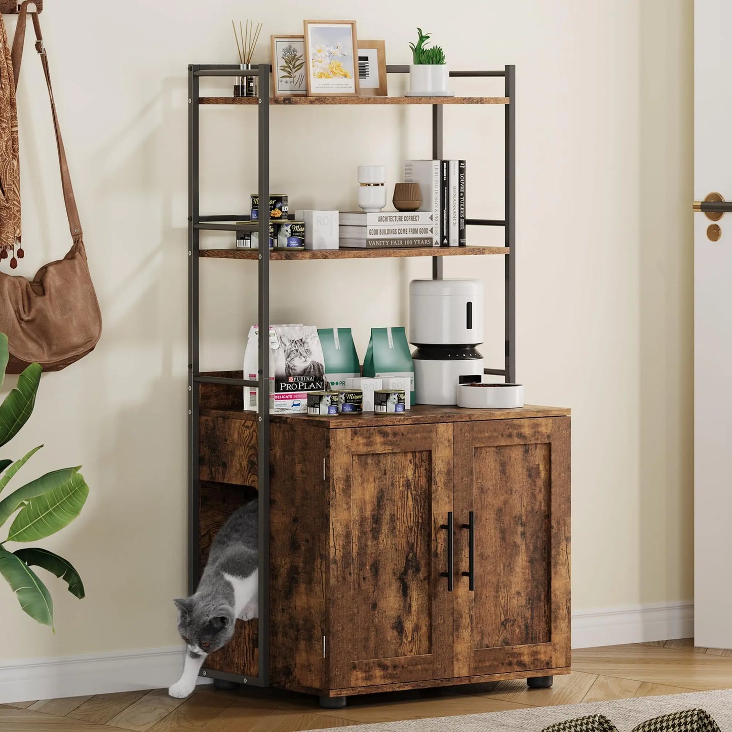 2-in-1 Hidden Cat Litter Box Enclosure Odor Control 3 Metal Shelves Storage Cabinet Multi-Purpose Cat Washroom Furniture