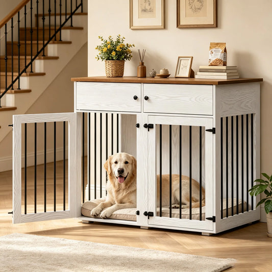 41" Large Indoor Dog Kennel, Wooden Dog Crate with Storage Drawers & Removable Divider, Double Doors for Medium/Large Dogs & Two Dogs, White