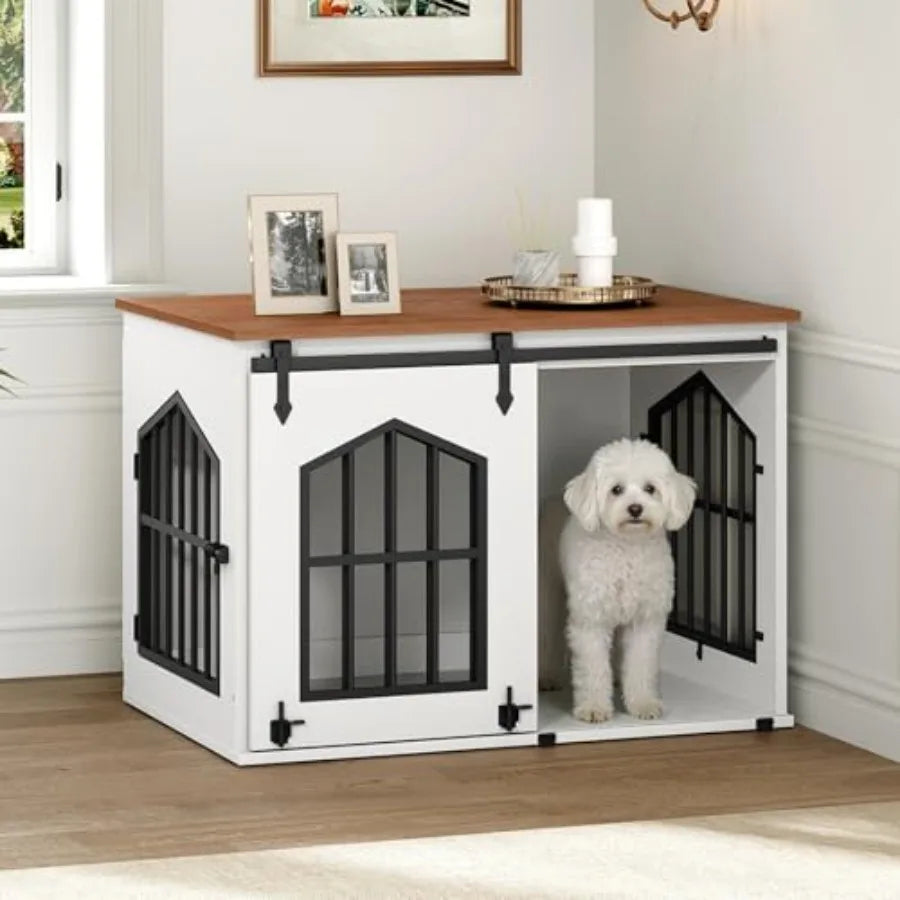 Dog Crate Furniture, 31.5" Farmhouse Dog Kennel with Sliding Barn Door, Wooden Dog Cage for Small Medium Dogs, Decorative Pet House