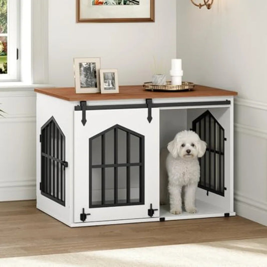 Dog Crate Furniture, 31.5" Farmhouse Dog Kennel with Sliding Barn Door, Wooden Dog Cage for Small Medium Dogs, Decorative Pet House