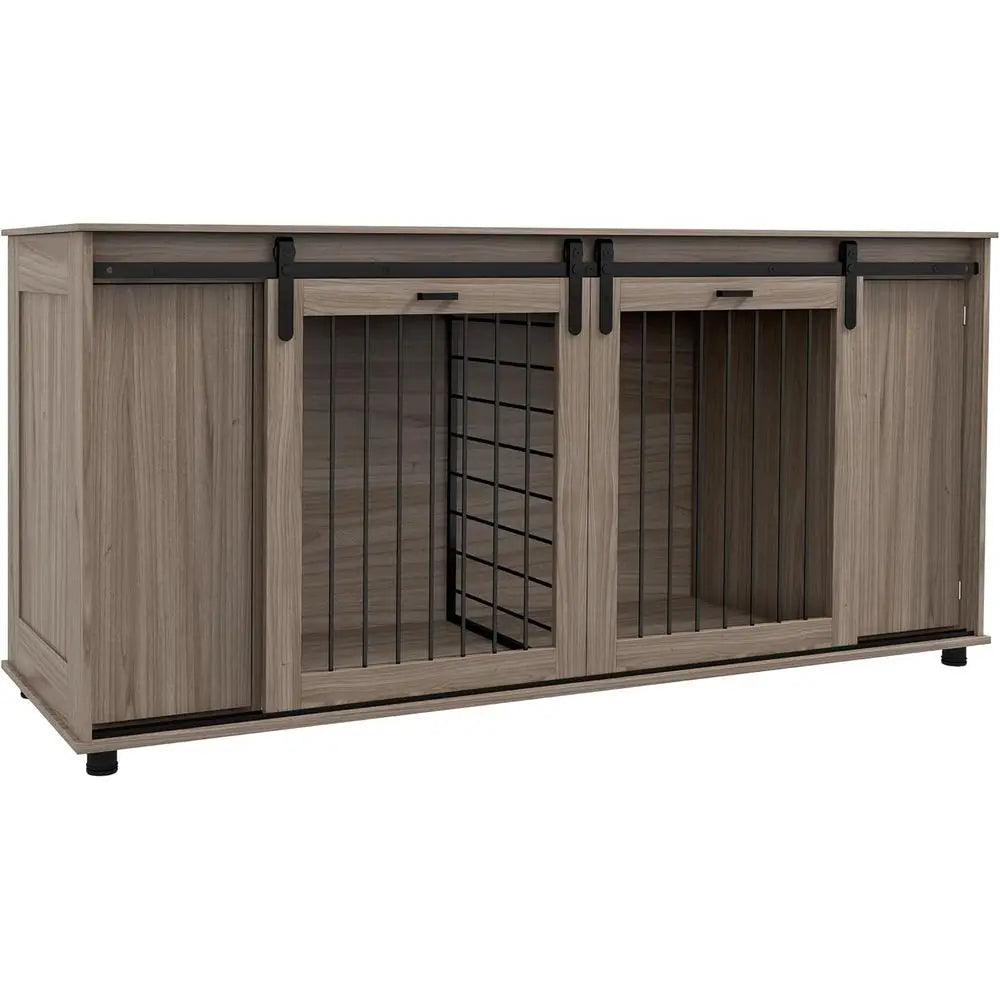 71 Walnut Double Door End Table Crate for Small Dogs or Large Dog with Removable Divider