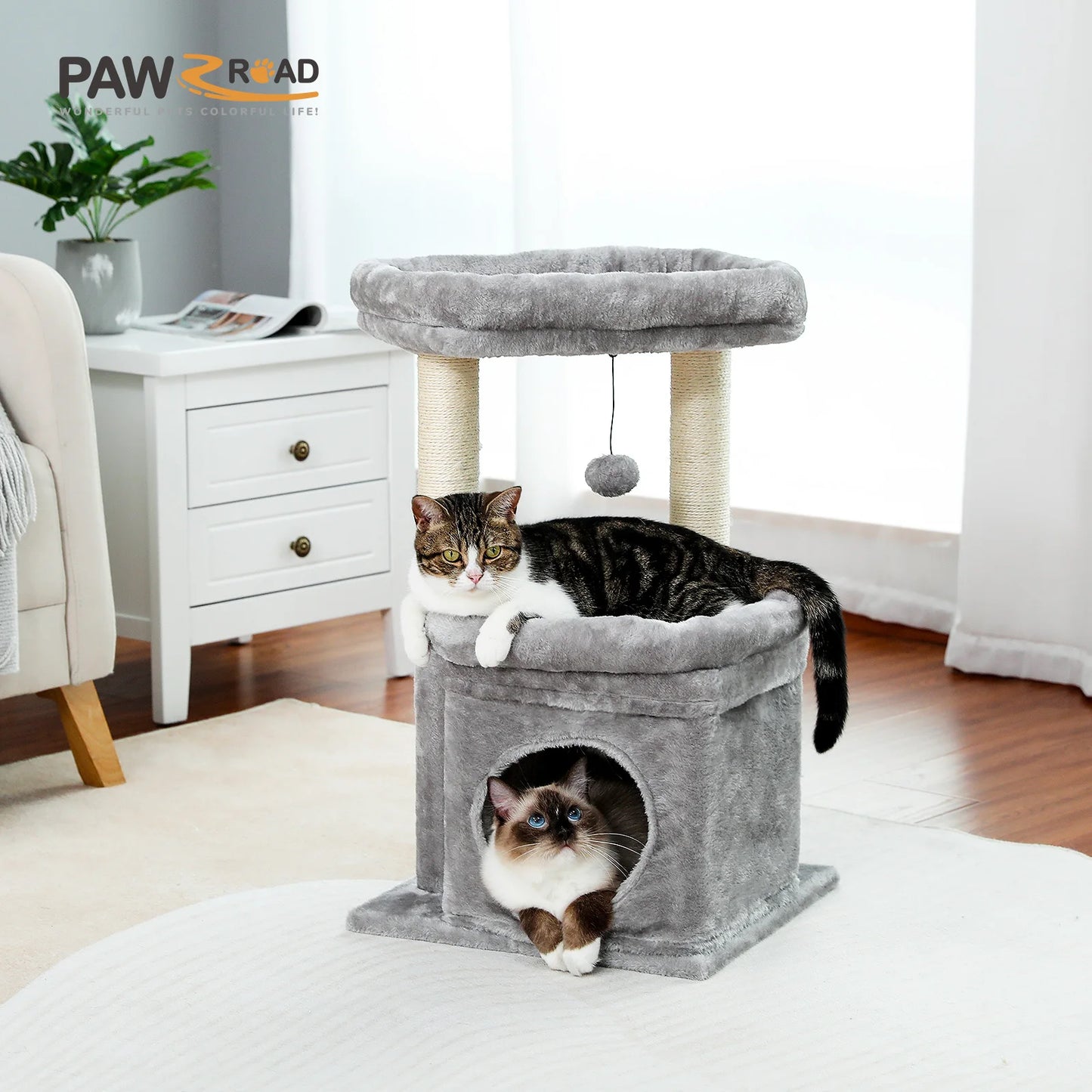 Cat Tree Cat Tower with Cozy Condo, Wide Top Perch, Natural Sisal Posts, Soft Plush, Playful Pom-Pom Suitable for 1-2 Indoor Cats
