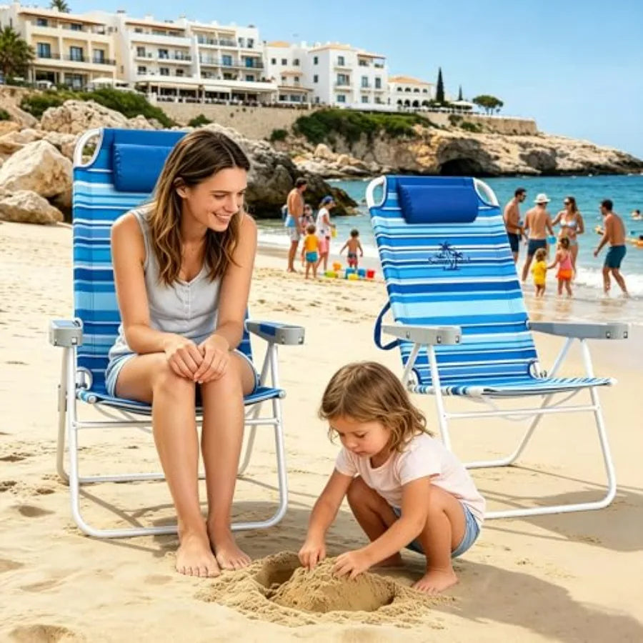 Outdoor Folding Beach Chair for Adults: Lightweight Aluminum Frame, Black Color, Supports 500 LBS With Cup Holders and High Back