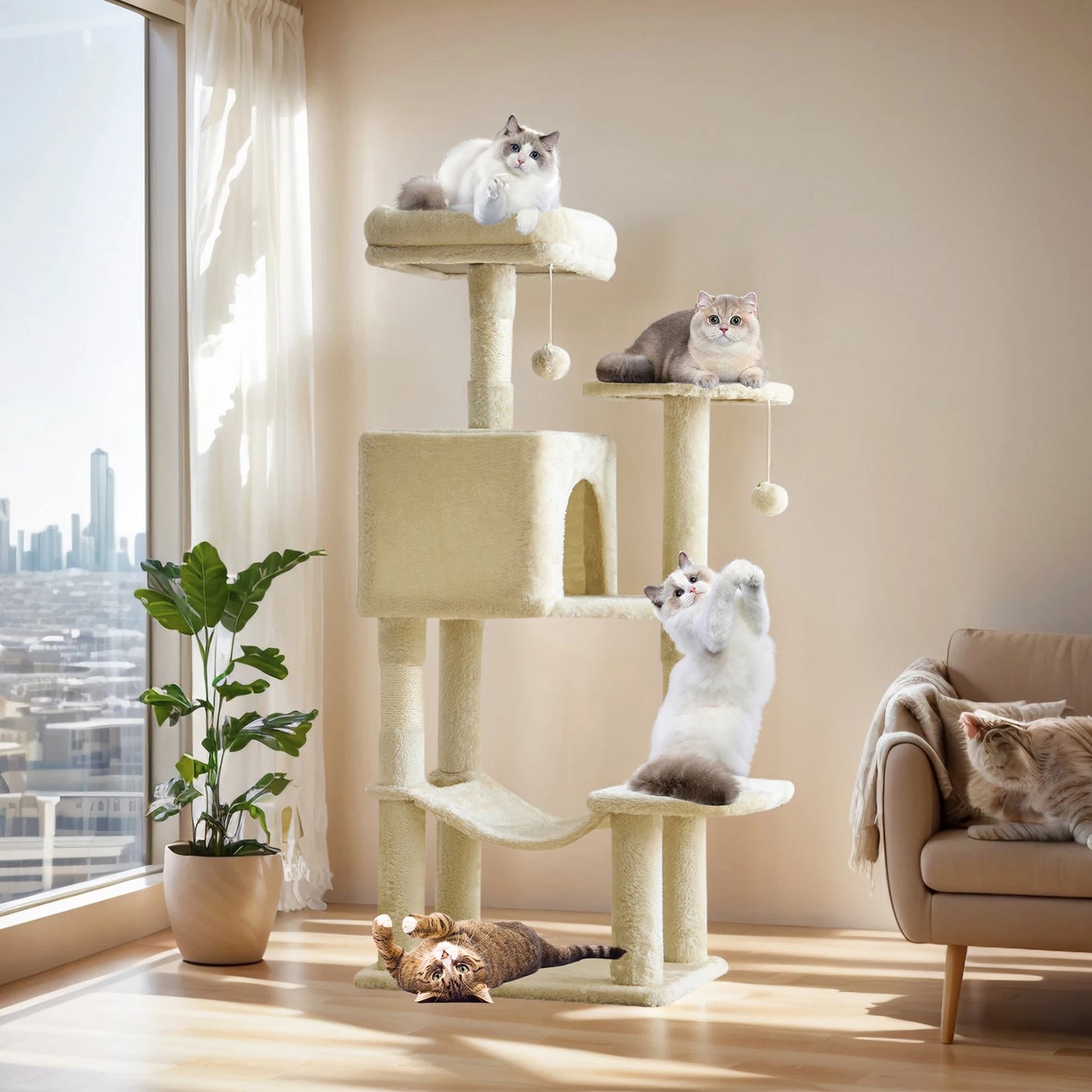 44IN Cat Tree Tower, Cat Climbing Tower with Natural Sisal Scratching Posts, Pet Condo for Indoor Cats and Kittens Play
