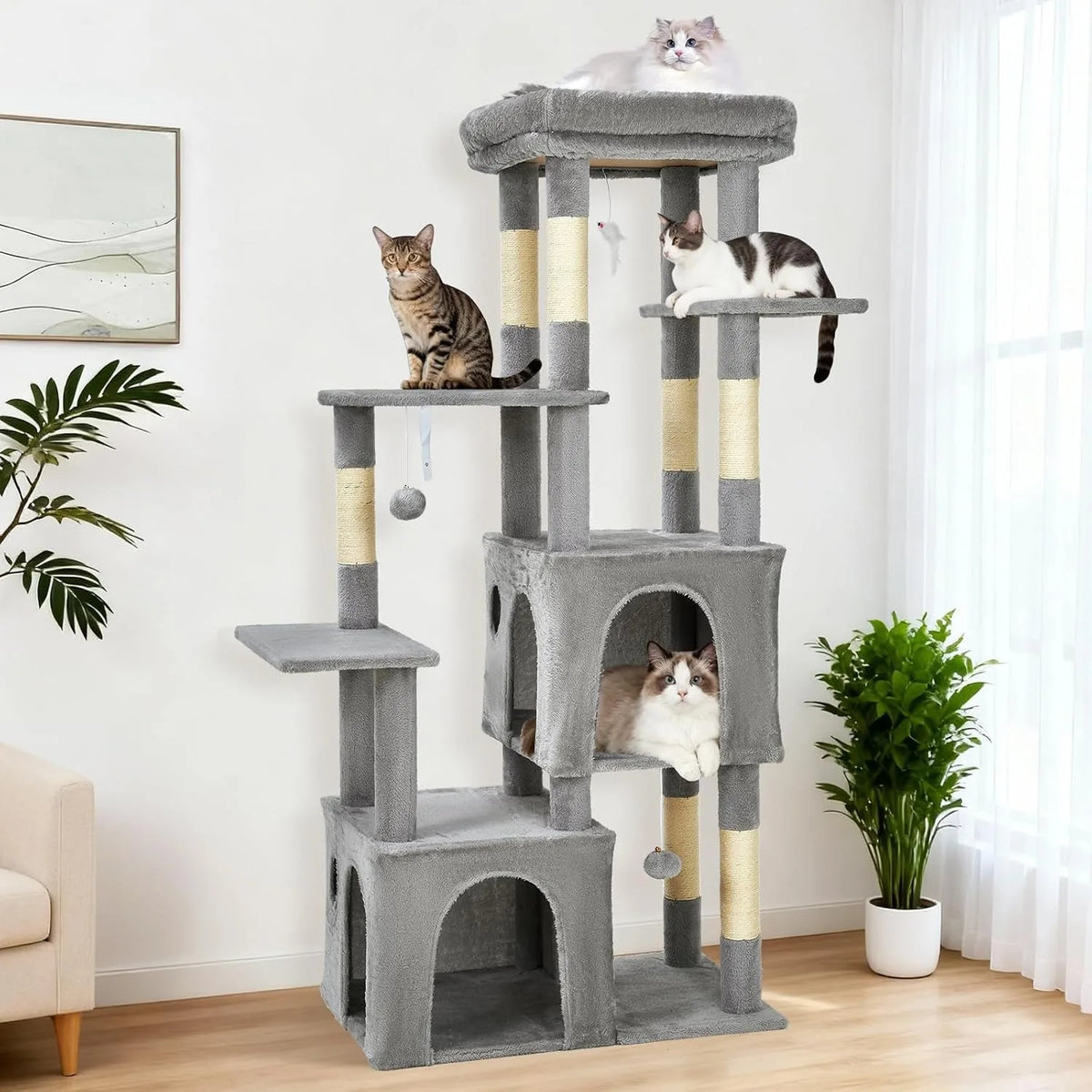 61-Inch Large Cat Tree Tower with 7 Scratching Posts, 2 Cat Condos, Top Perch Multi-Level Cat Climbing Tree Furniture with Hanging Toys Anti-Toppling Design for Indoor Cats Multi Cat Homes