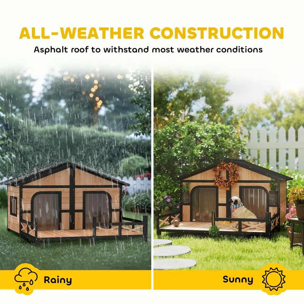Dog House Outdoor, Wooden Dog Kennel Weatherproof with Porch, Openable Roof, Removable Bottom, Elevated Floor, Double Room for Two Pets