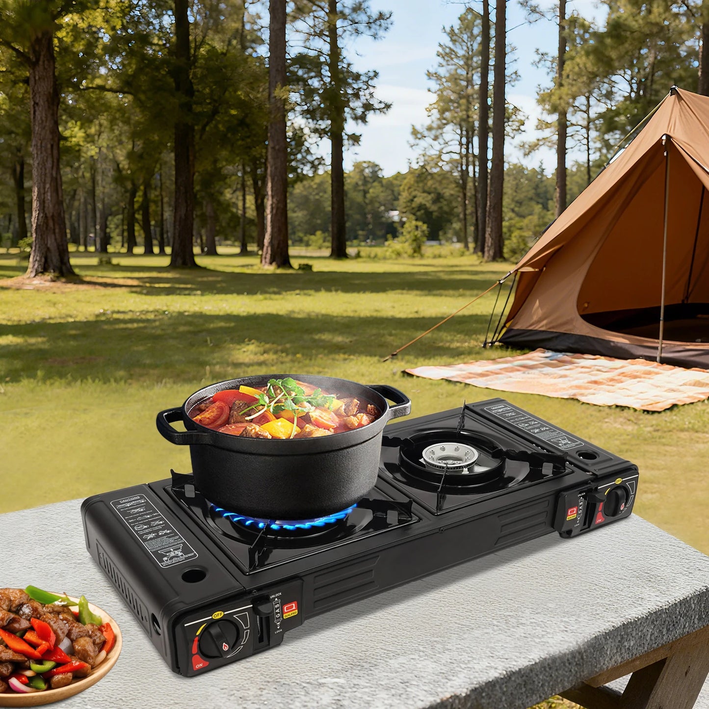 2 Burners Portable Camping Stove, Camping Stove with Baking Tray & Portable Case, 2500W Gas Stove 64cm*29cm*12cm