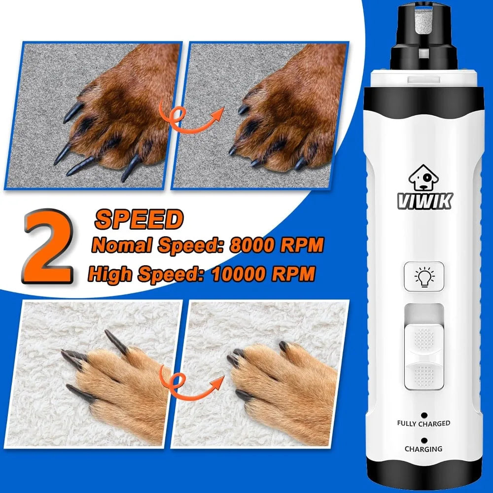 2-Speed Electric Dog Nail Grinder with LED Light, Quiet Rechargeable Pet Nail Trimmer for Small to Large Dogs & Cats, Grooming Supplies