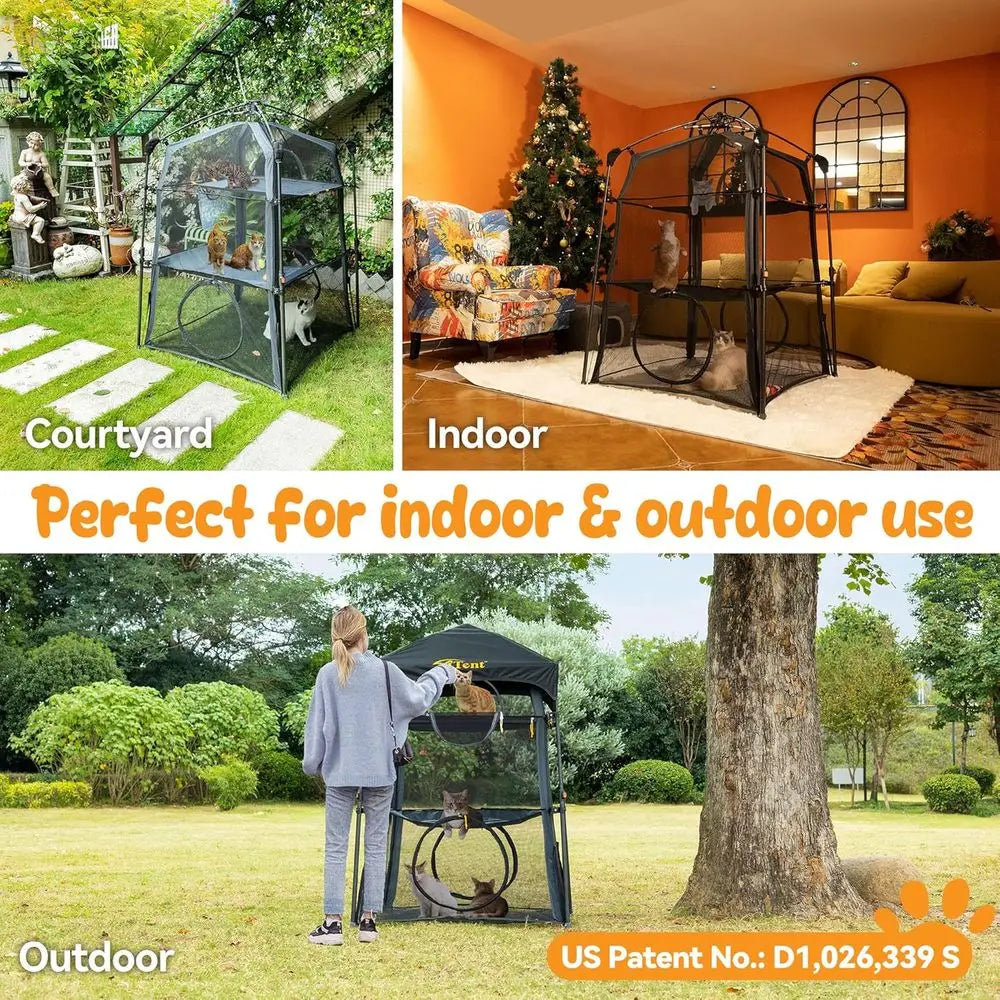 X-Large Foldable 3-Tier Cat Enclosure with Indoor/Outdoor Use, Portable Catio, and Dual Door Design