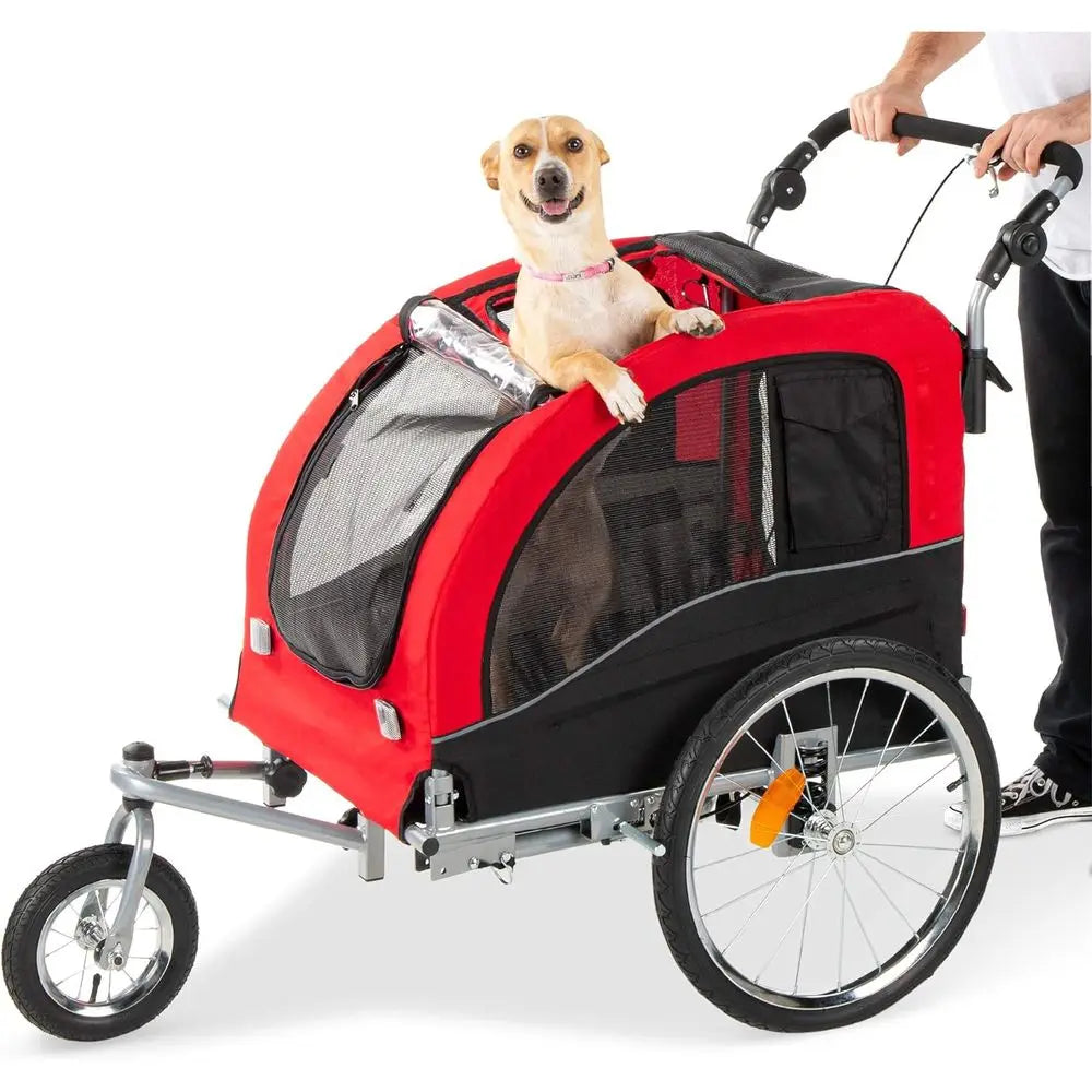 2-in-1 Dog Bike Trailer, Pet Stroller Cycle Carrier w/Hitch, Suspension, Visibility Flag and Reflect, 66 lb Weight Capacity