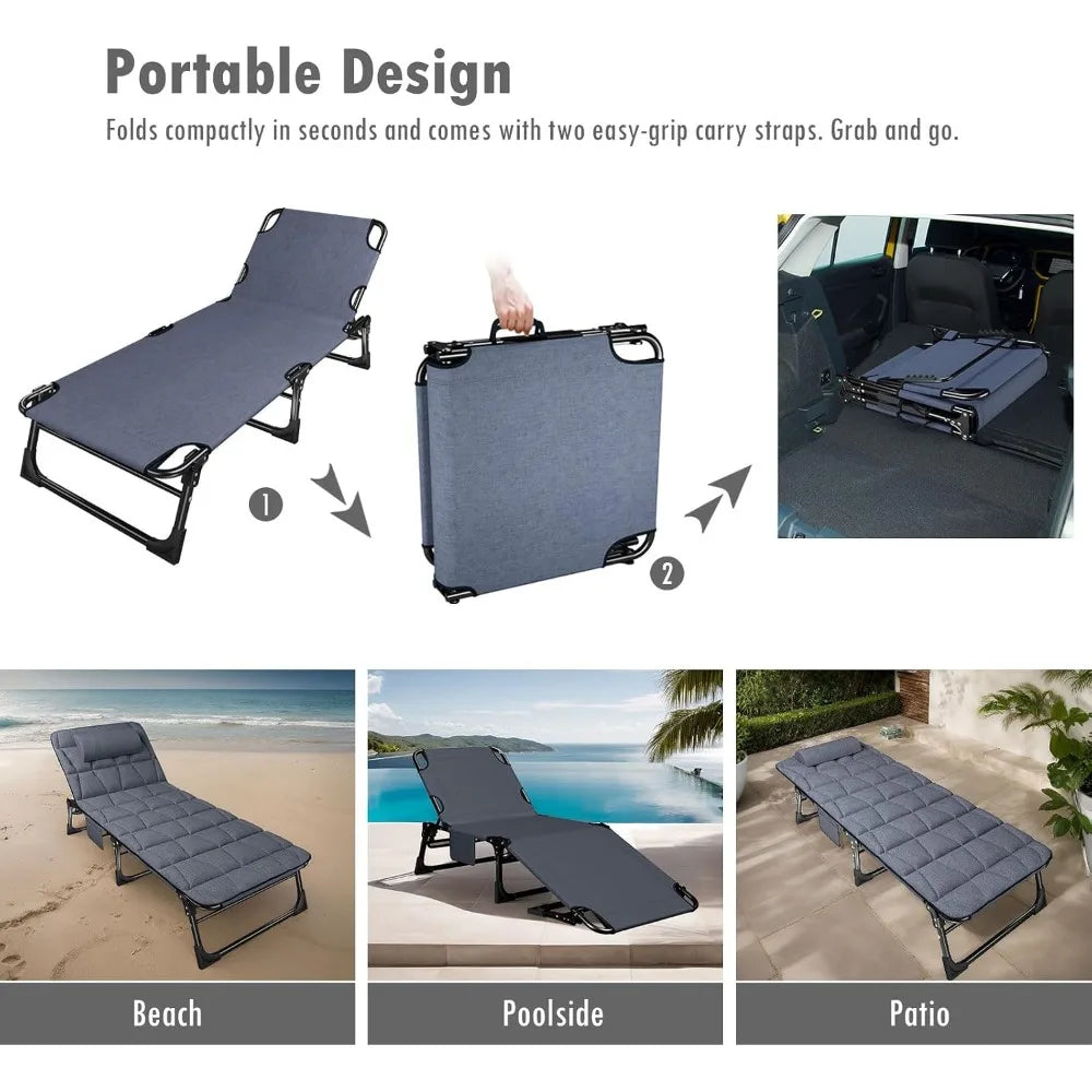 Folding Camping Cot for Adults with Padded Mattress & Pillow, Adjustable Reclining Lounger, Ideal for Camping, Travel, Garden, Office