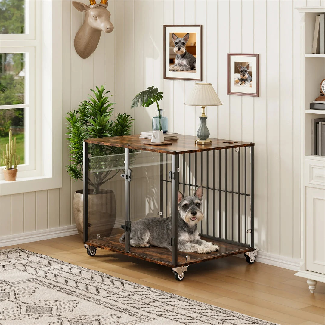 Anti-Bite Pet Kennel Furniture with Side Table,Tempered Glass Dog Cage Iron Pet Crate with Wheels for Indoor Use