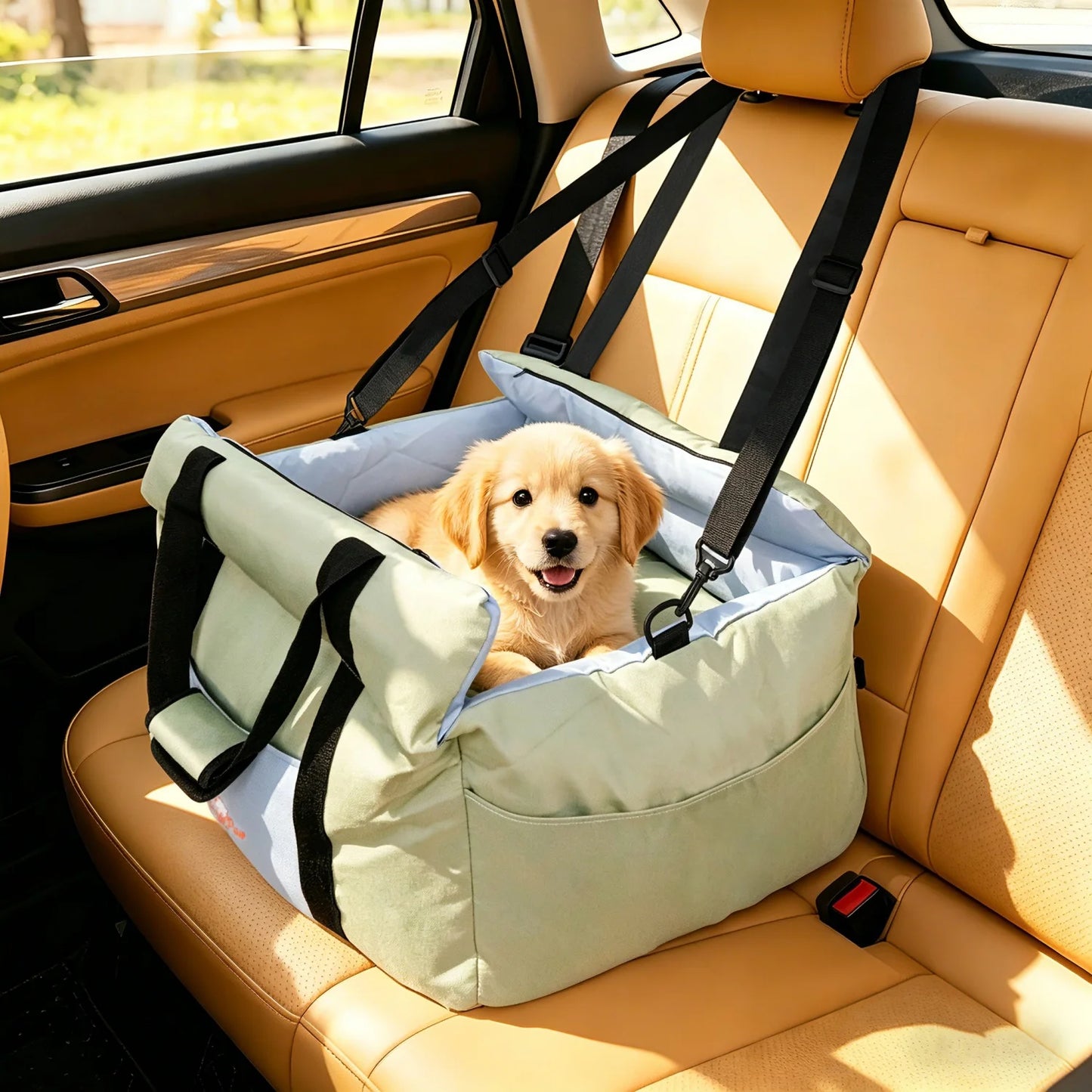 Dog Car Seat for Small Dogs Soft Pet Car Travel Carrier Bed w/ Safety Belt and Storage Pocket Cat Booster Carseats up to 22 Lbs