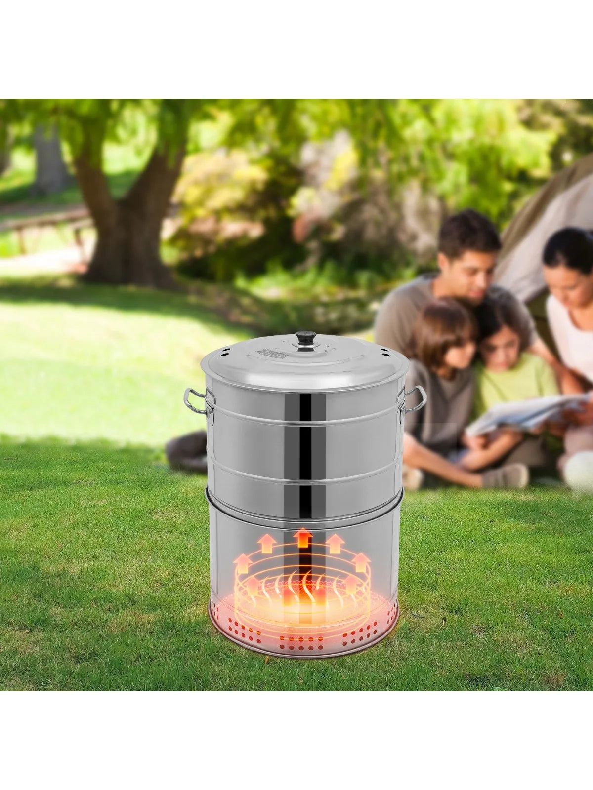 Large Stainless Steel Portable Smokeless Barbecue Charcoal Barrel Grill with Multiple Clips for Camping Picnics Backyard BBQs