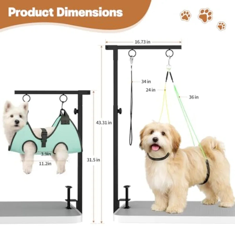 Dog Grooming Table Arm, 31.5"-43.3" Adjustable Pet Stand with Hammock and Clips 3-in-1 Grooming Kit for Nail Trimming, Haircut