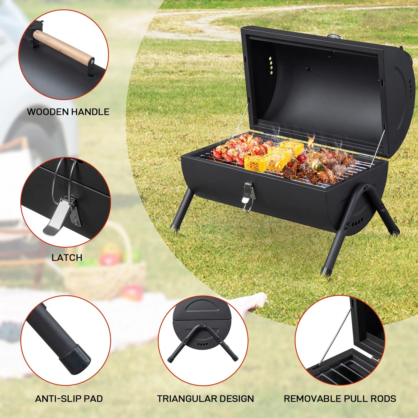 Portable Charcoal Grill with Thermometer and Wooden Handle Compact Tabletop Barbecue Grill Outdoor Camping BBQ Backyard Party