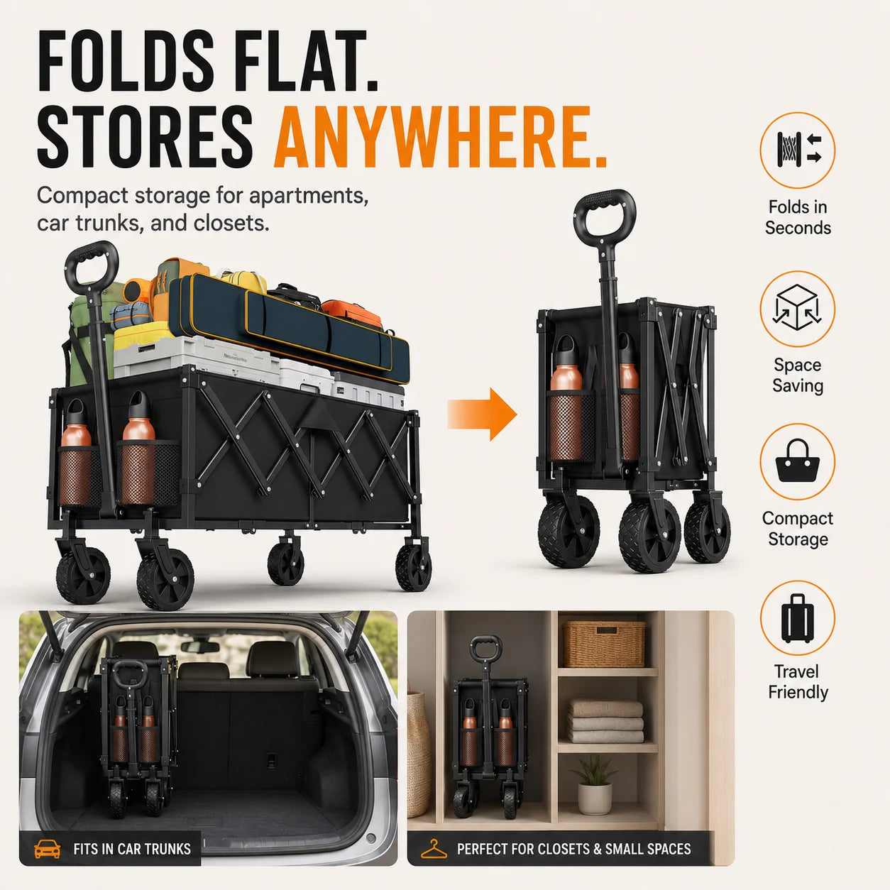 460 lbs Heavy Duty Foldable Wagon, Folding Utility Wagon with All Terrain Wheels, Adjustable Handles and Side Bags, Portable Outdoor Cart for Camping, Grocery, Garden, Sports and Beach