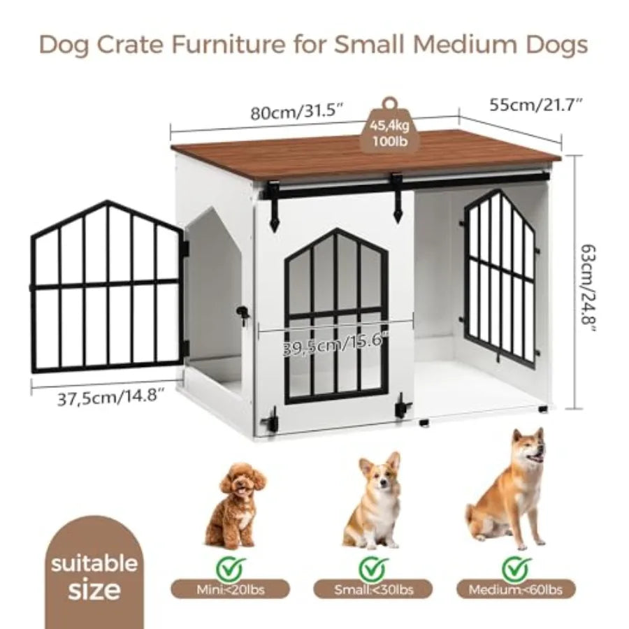 Dog Crate Furniture, 31.5" Farmhouse Dog Kennel with Sliding Barn Door, Wooden Dog Cage for Small Medium Dogs, Decorative Pet House