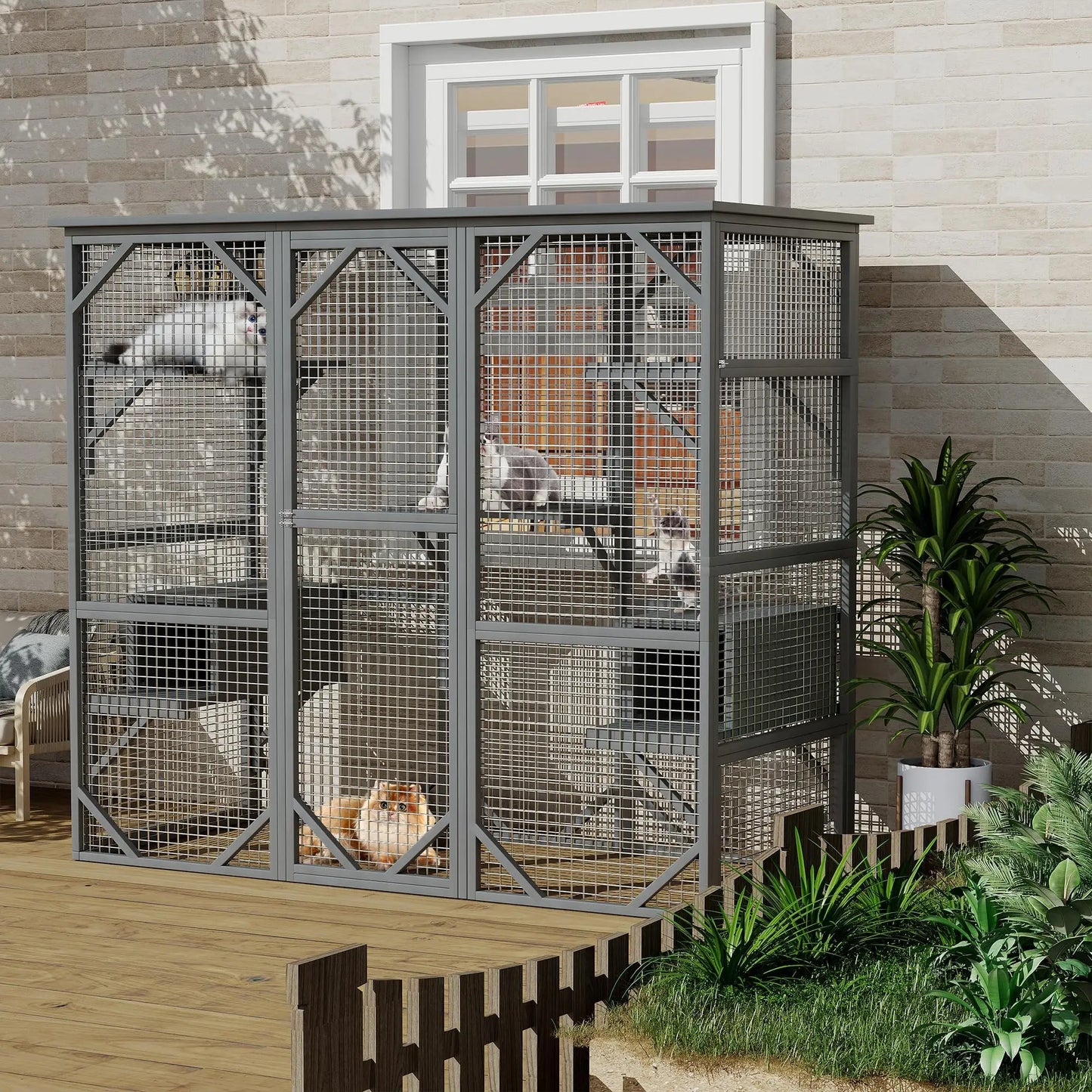 Extra Large Walk-in Catio Outdoor Enclosure Weather-Resistant Cedar Multi-Level House With Window & Locking Doors For Cats