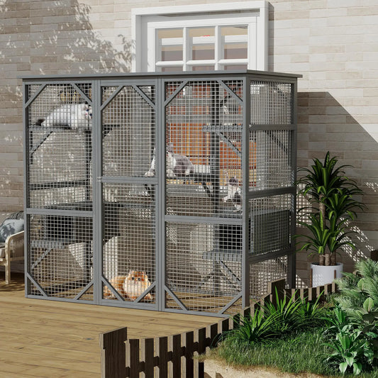 Extra Large Walk-in Catio Outdoor Enclosure Weather-Resistant Cedar Multi-Level House With Window & Locking Doors For Cats