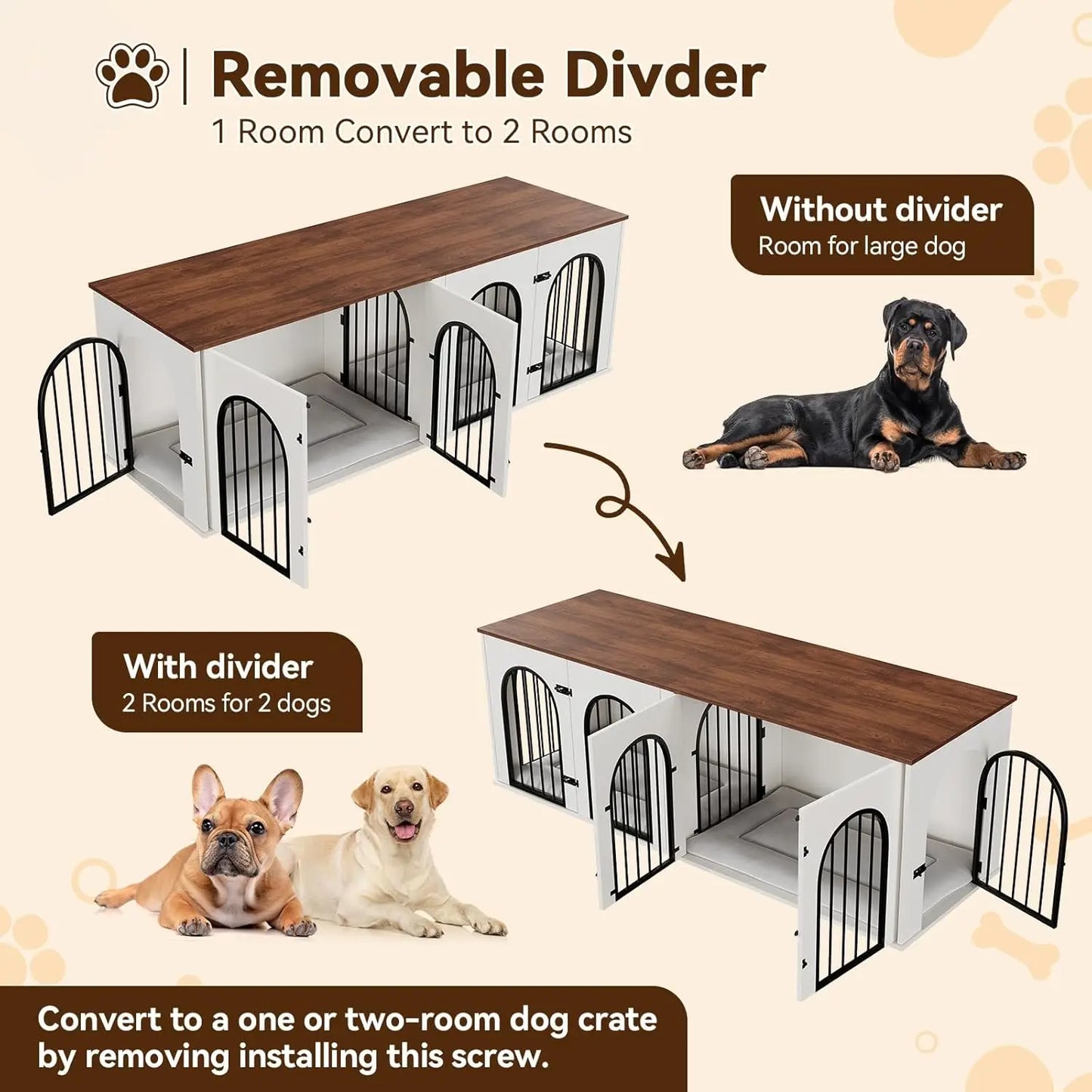 Dog Crate Furniture for 2 Dogs, 71" Dog Kennel Indoor with Cushions, XXL Wooden Dog Crates TV Stand with Removable Divider