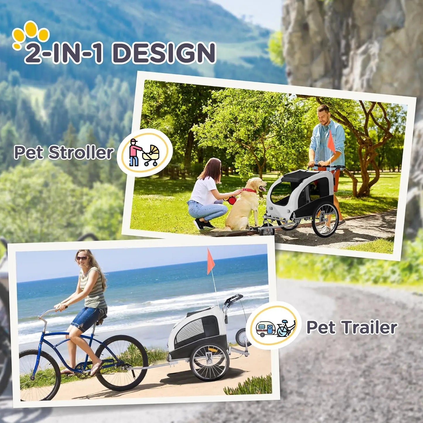 2-in-1 Pet Bike Trailer and Stroller with Canopy, Storage Pockets, and Smooth Ride for Medium Dogs