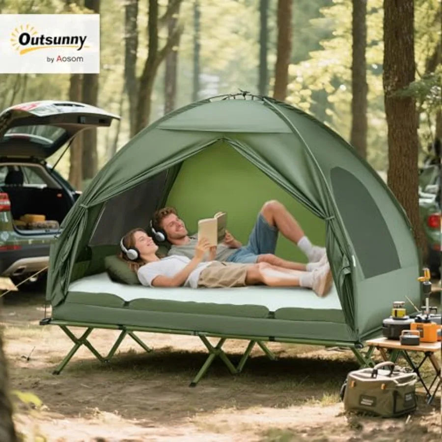 2 Person Cot Tent, 4-in-1 Elevated Tent Camping Bed Combo with Air Mattress, Bed Cover, Foot Pump, Folding Off Ground Camp Cot