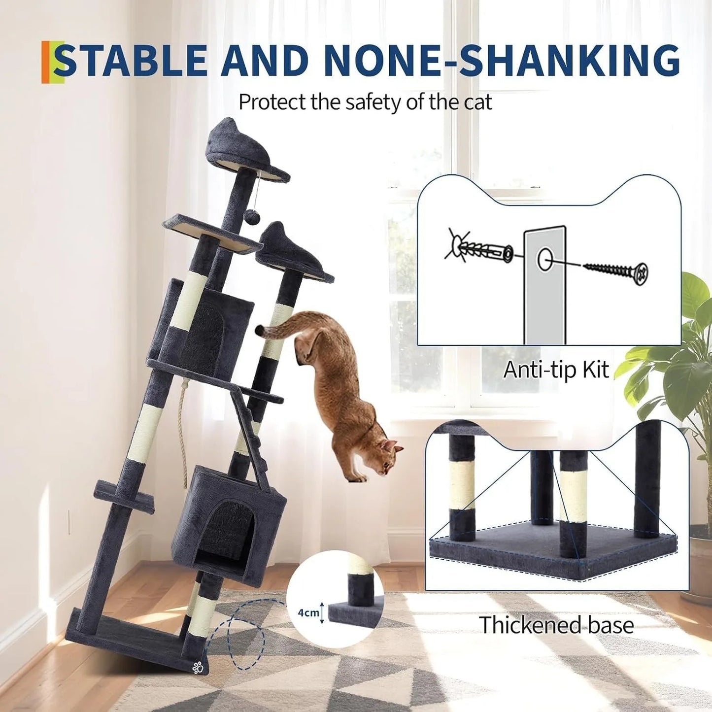 72" Cat Tree for Large Cats, Multi-Level Cat Tower with 6 Sisal Scratching Posts, 2 Condos, 3 Perches, Hammock & Dangling Toys, Sturdy Particle Board with Anti-Tip Kit, Dark Grey