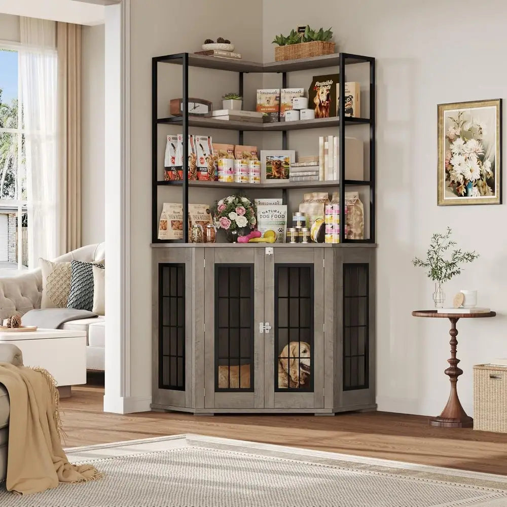 Stylish Indoor Dog Crate with Storage, Double Locks, 4-Tier Shelves for Medium to Large Dogs