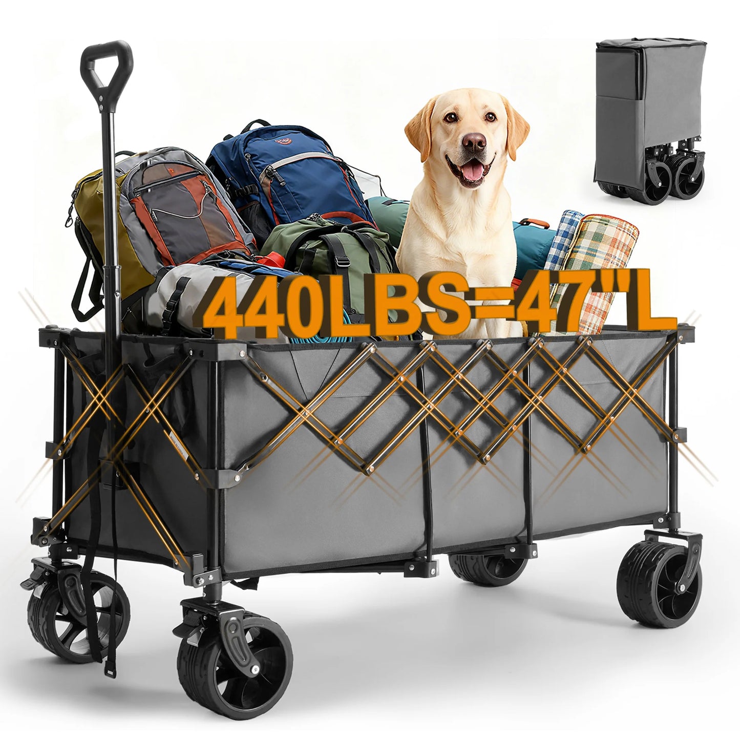 Portable Extended Collapsible Wagon Cart 440lbs Foldable Extra Long Heavy Duty Utility Wagon with Wheels Storage Grocery Cart for Camping Shopping Sports Beach Garden