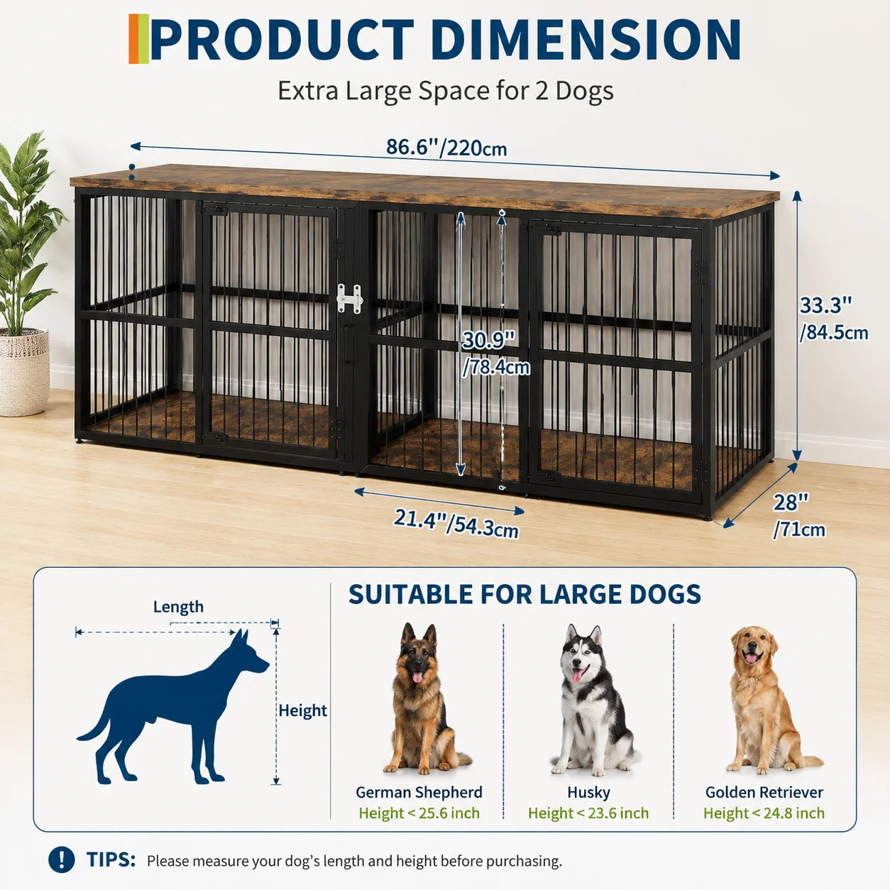 87 Inch Extra Large Double Dog Crate Furniture with Divider 3 Doors Heavy Duty Wooden Indoor Dog Kennel Cabinet TV Stand for 2 Dogs Lockable Pet House with Storage Table
