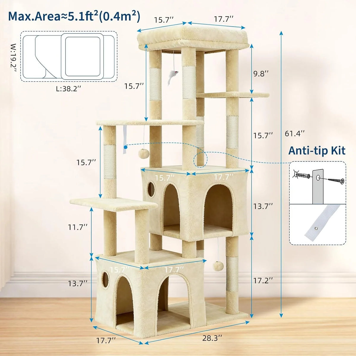 61-Inch Large Cat Tree Tower with 7 Scratching Posts, 2 Cat Condos, Top Perch Multi-Level Cat Climbing Tree Furniture with Hanging Toys Anti-Toppling Design for Indoor Cats Multi Cat Homes