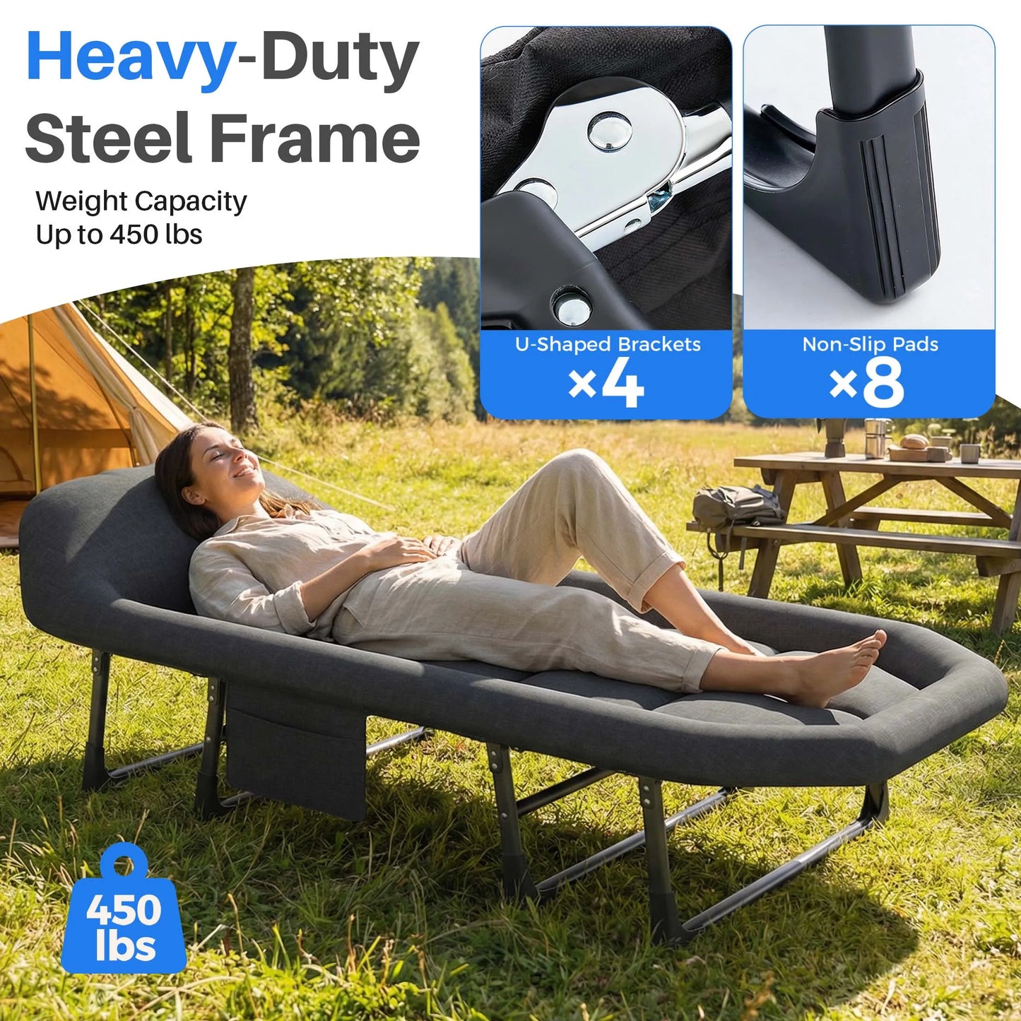 Folding Camping Makeshift Bed with Mattress, Lightweight Adjustable Camping Bed Supports 450 lbs Camping Cot with Carry Bag 6 Angle Camping Bed for Camp Outdoor