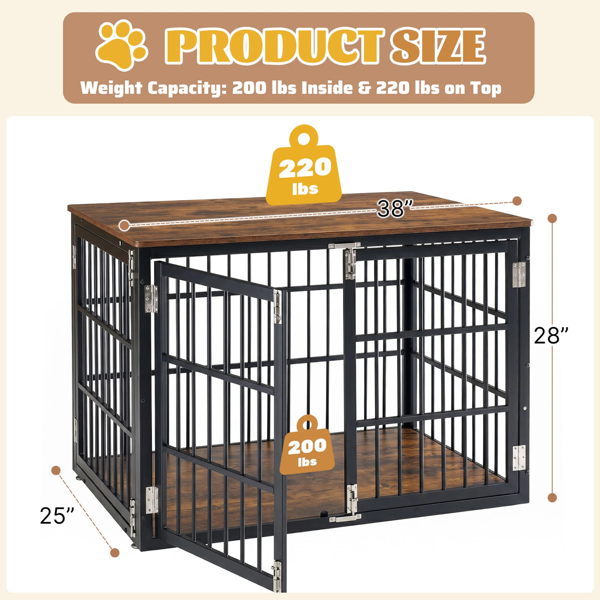 38-Inch Iron Wood Dog Cage with Double Lock Doors Heavy-Duty Extra Large Pet Kennel for Indoor Outdoor Dog Kennel Furniture