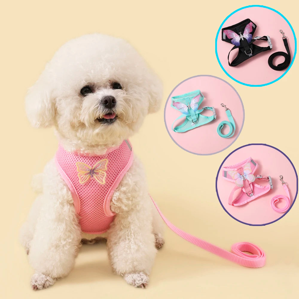 New Breathable Cute Cat Harness Set Butterfly Small Dog Harness Set Walk Outdoors Puppy Chest Vest Leash Accessories