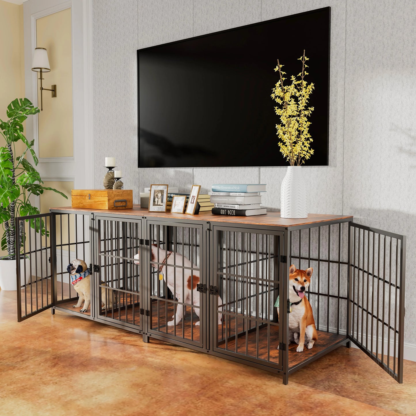 XXXL Wooden Dog Crate End Table Furniture Style Pet Kennel Cage w/ Four Doors and Lock Latches Divider for Medium to Large Dogs