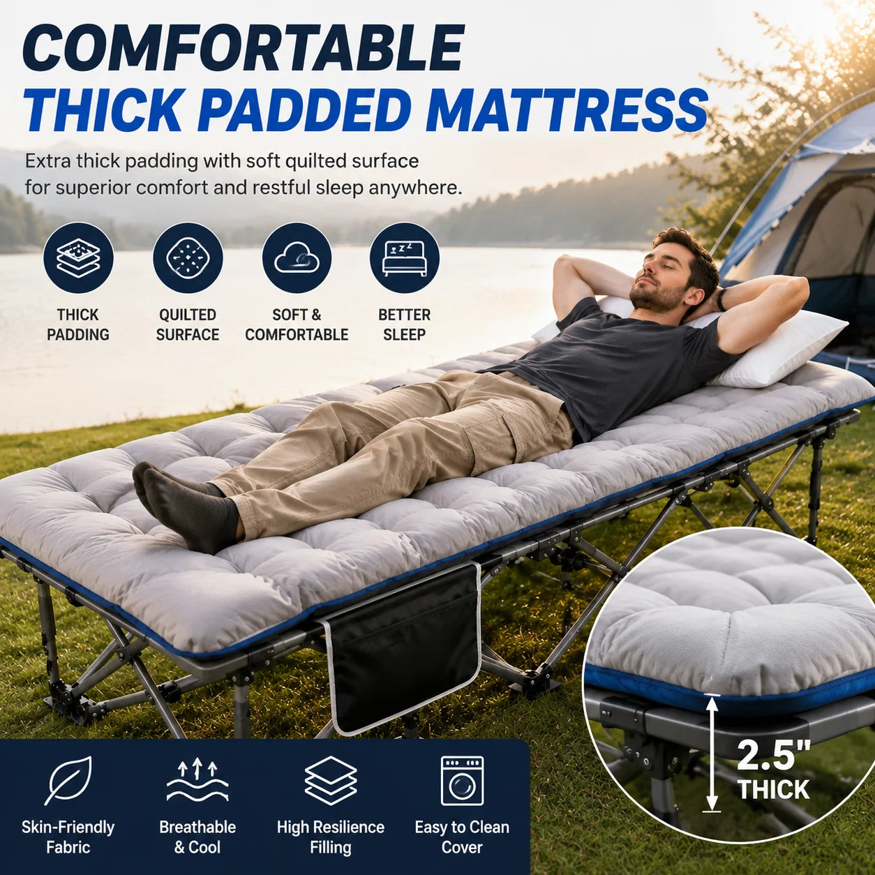 Portable Foldable Camping Cot with Thick Padded Mattress Comfortable Sleeping Bed with Sturdy Frame Compact Folding Guest Bed for Adults Easy Storage and Carrying for Outdoor Camping Travel Office Nap Patio Bedroom and Home U
