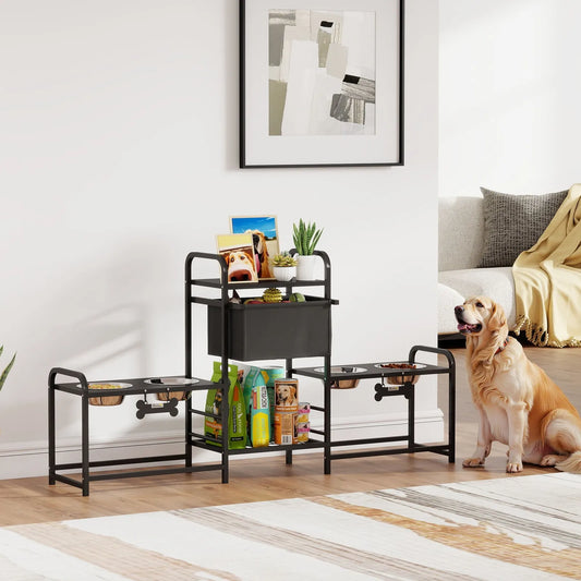 Dog Bowl Stand with 2 Feeding Stations, Elevated Dog Bowls, Black