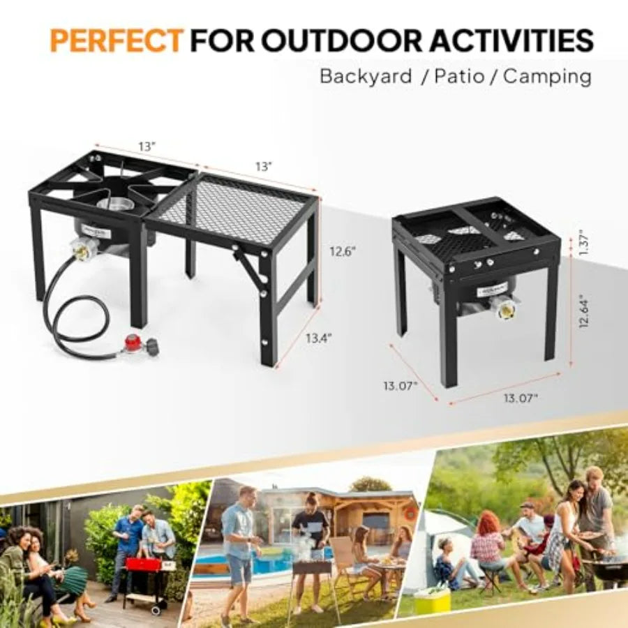 Outdoor Single Burner Propane Gas Stove With Detachable Foldable Side Rack, Stainless Steel Gray Finish, Portable, Lightweight, Durable