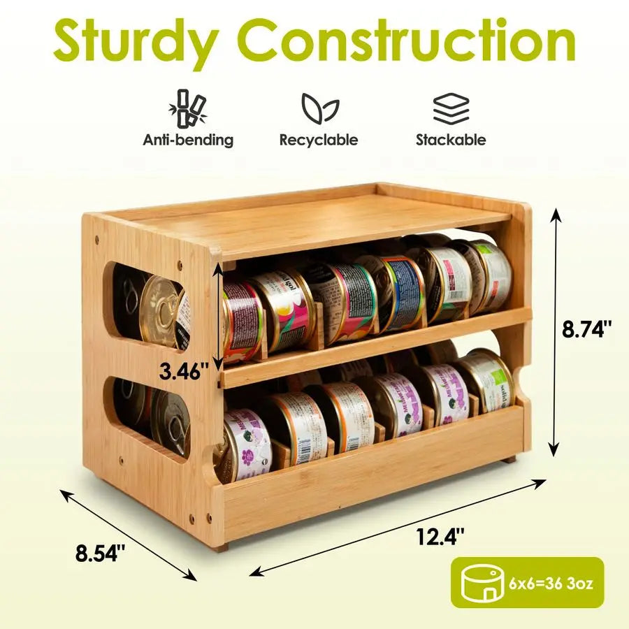 Upgraded Cat Food Organizer, Cat Food Can Organizer, Can Organizer for Pantry, Cat Food Storage, Bamboo, Holds 36 3oz Cans