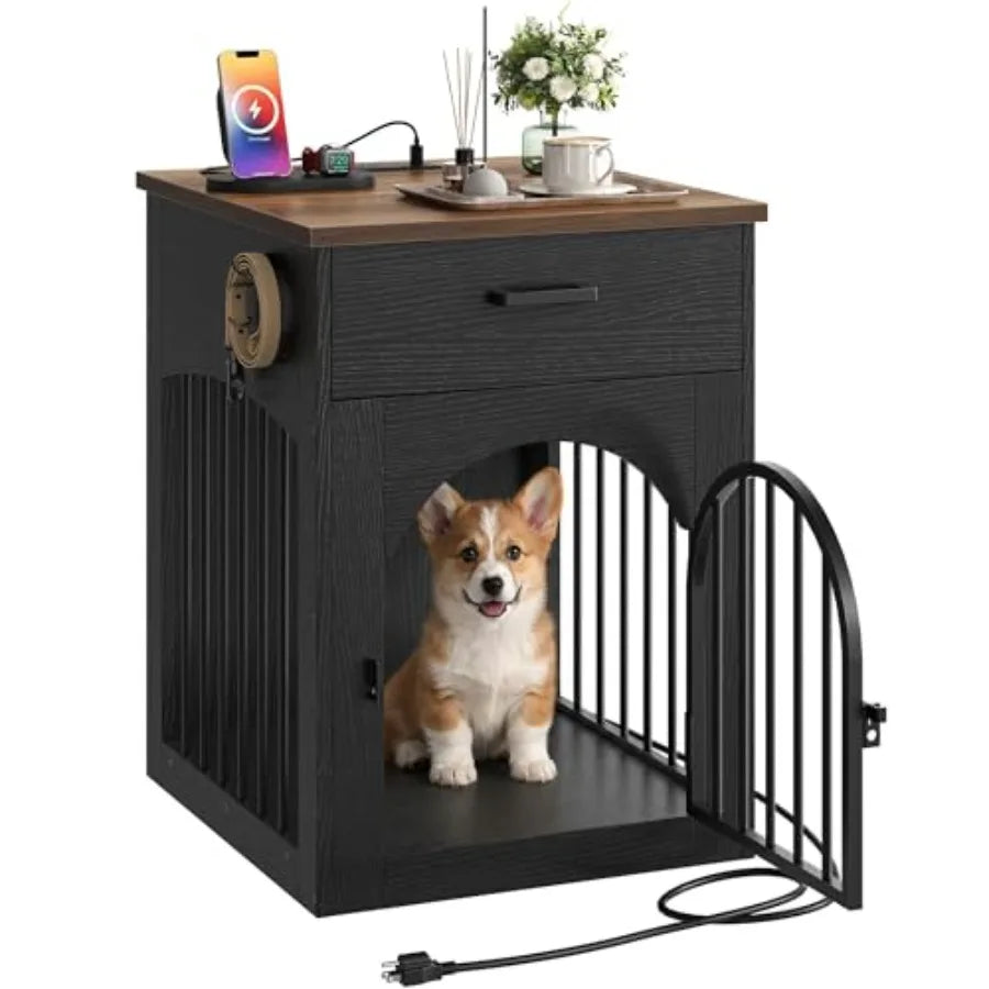 Dog Crate Furniture, Wooden Dog House with Charging Station and Storage Drawer, Indoor Pet Crate End Table for Small Breeds