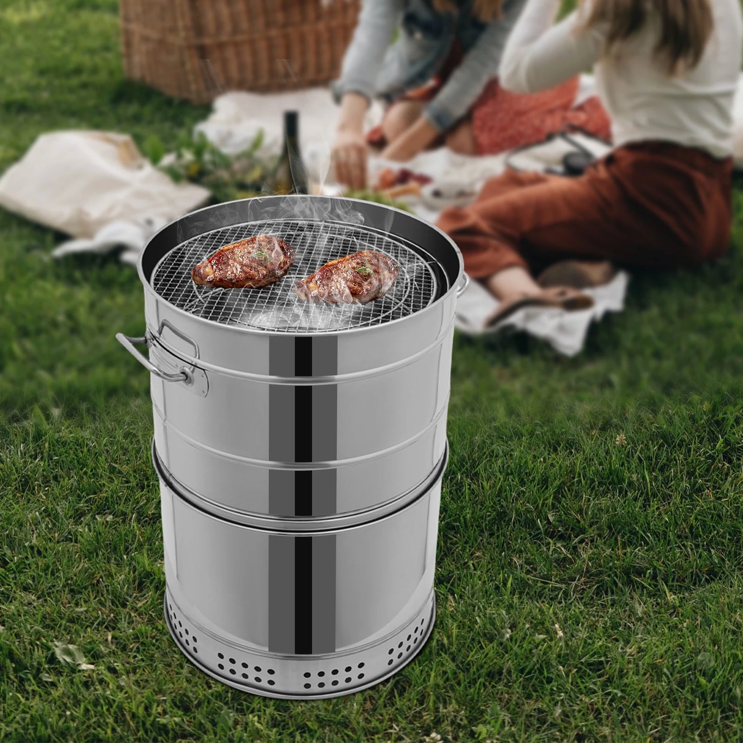 Portable Charcoal Barbecue Grill – 201 Stainless Steel – 16.14"x25.98" – 360° All-Round Grilling – Oil-Carbon Separation – 50 Skewers – Vertical Hanging + Grill Net – Fire Pit – for Camping Party Backyard