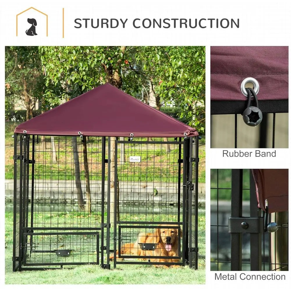 Outdoor Dog Kennel 4.6 x 4.6 x 5ft with Rotating Bowls, Waterproof and UV-Resistant Cover, Suitable for Large Breeds and Poultry