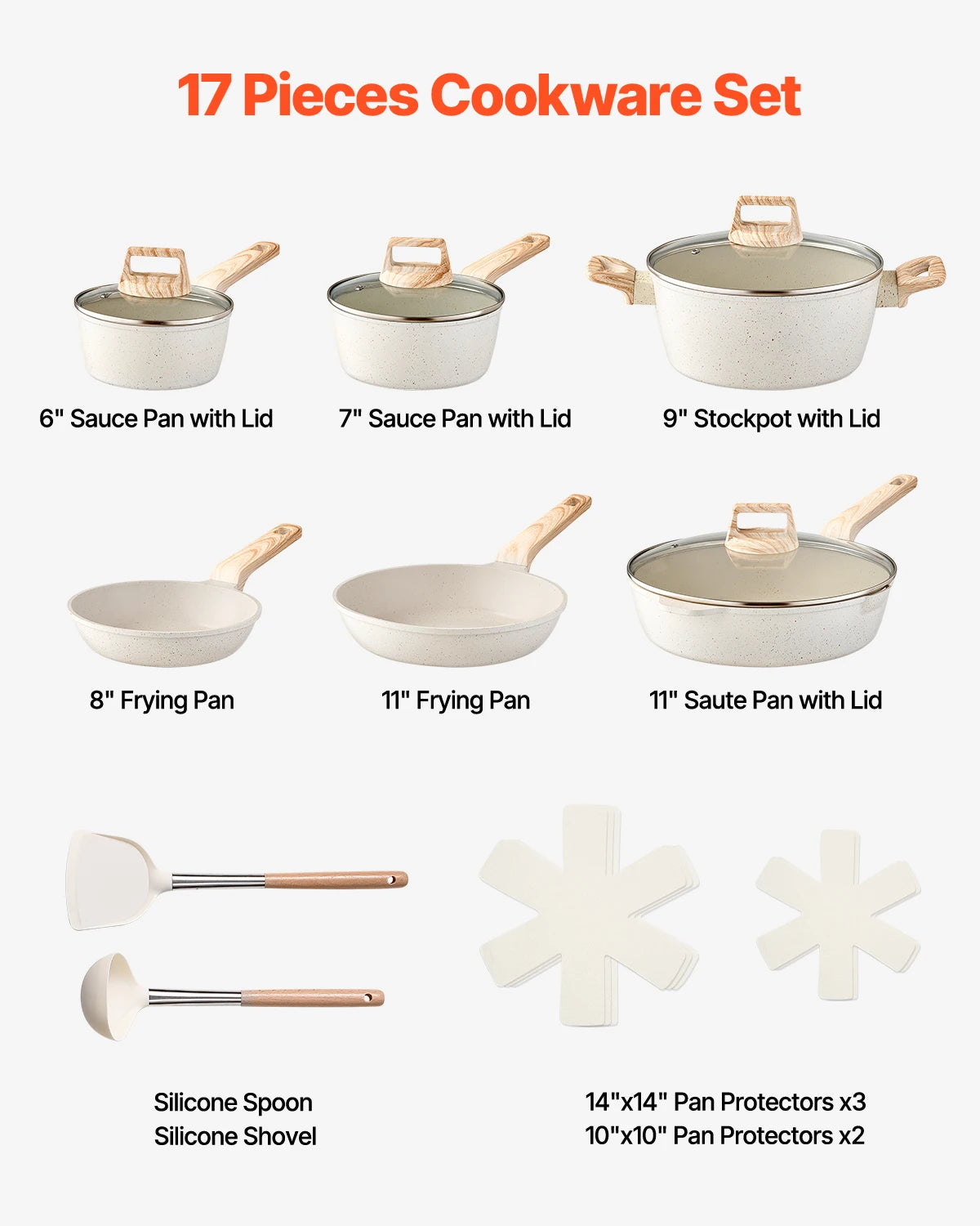 SucceBuy 17 Piece Pots and Pans Set Granite Nonstick Cookware Set Induction Cookwares Kitchen RV Cooking Sets with Pan Protector