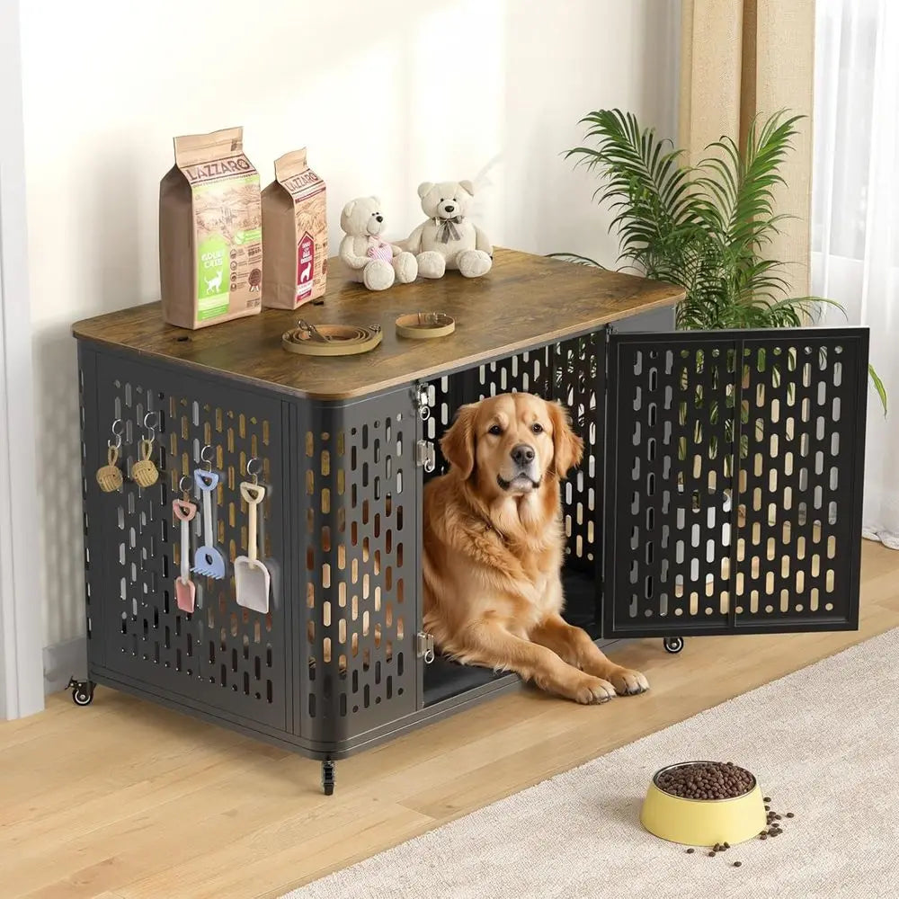 Heavy-Duty Dog Crate Furniture or Large and Medium Dogs, 43.7 Inch Large Dog Crate Kennel with Flip Top & Cushion & Wheels