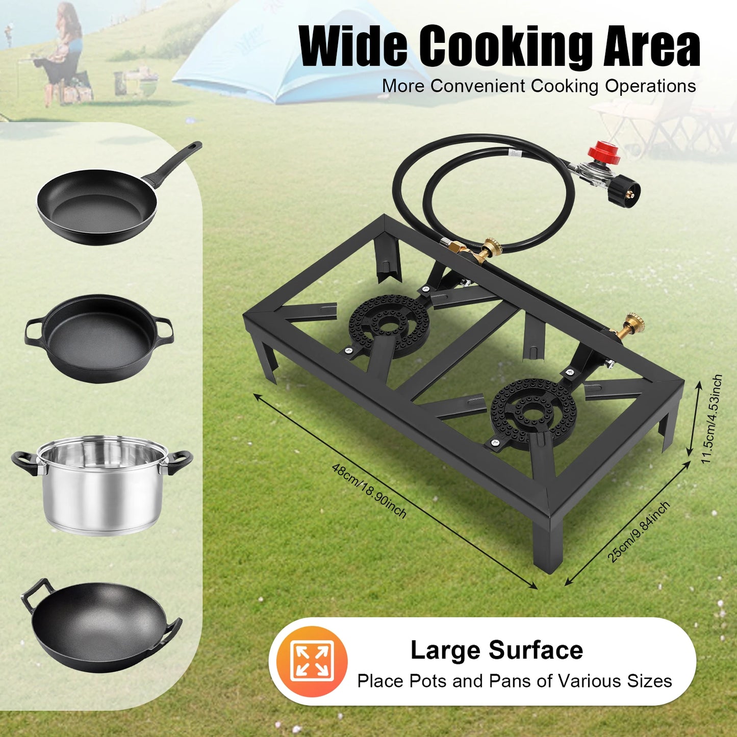 8000W Portable Double Burner Outdoor Gas Stove Propane Cooker with Adjustable 0-10Psi Regulator Hose for Patio Camping, BBQs