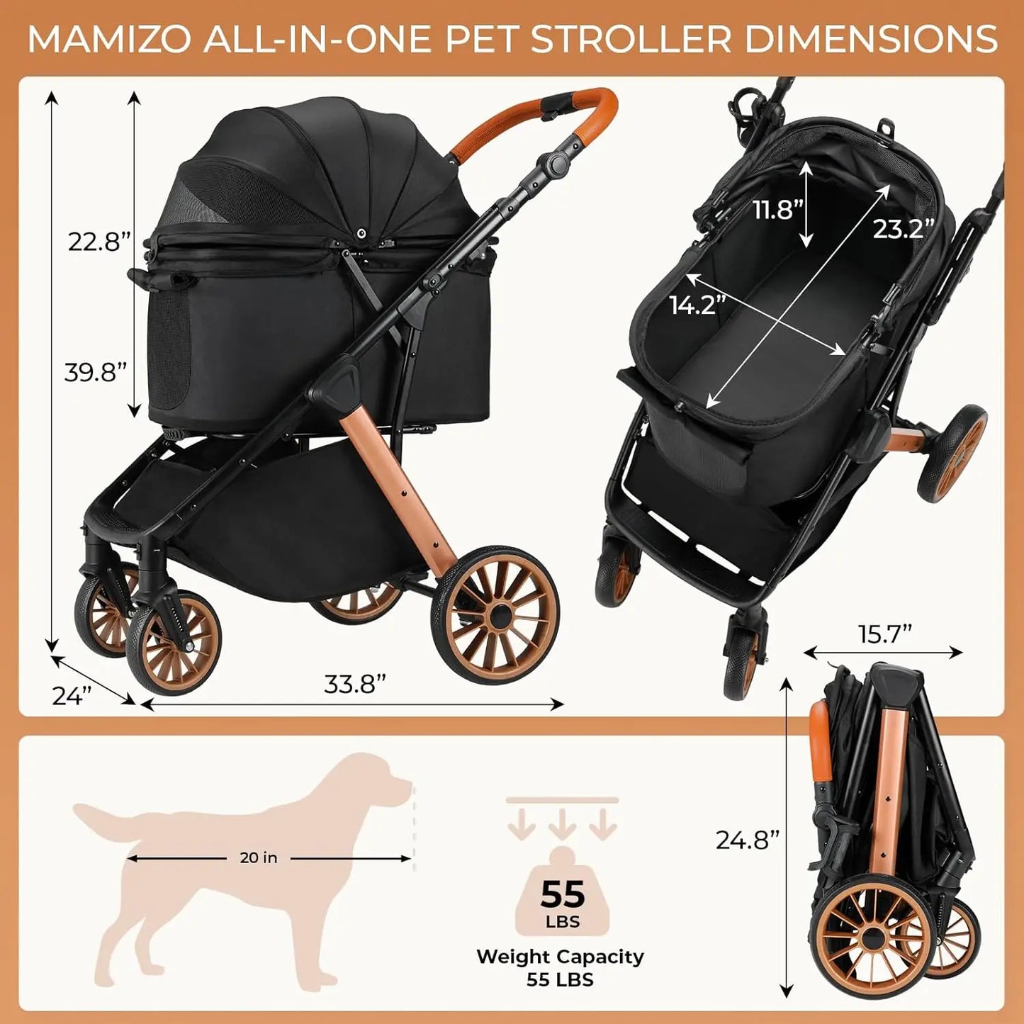 Foldable Dog Stroller for Medium Small Dogs Cats Up to 55 Lbs(25kg), Aluminum,Carbon Steel Frame Pet Stroller, Height-Adjustable
