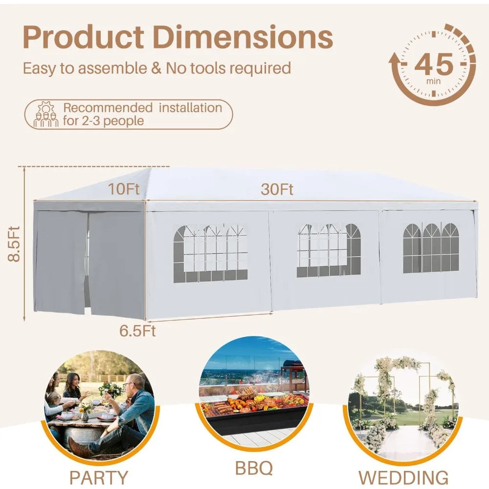 10'x30' Outdoor Canopy Tent, Patio Gazebo, for Party Wedding BBQ Events with 8 Side Removable Walls, Waterproof Canopies, White