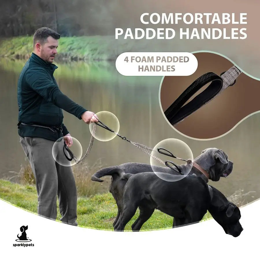 Hands Free Double Dog Leash Dual Leash for Medium and Large Breeds Lead for 2 Dogs with Padded Handles, Reflective Stitches