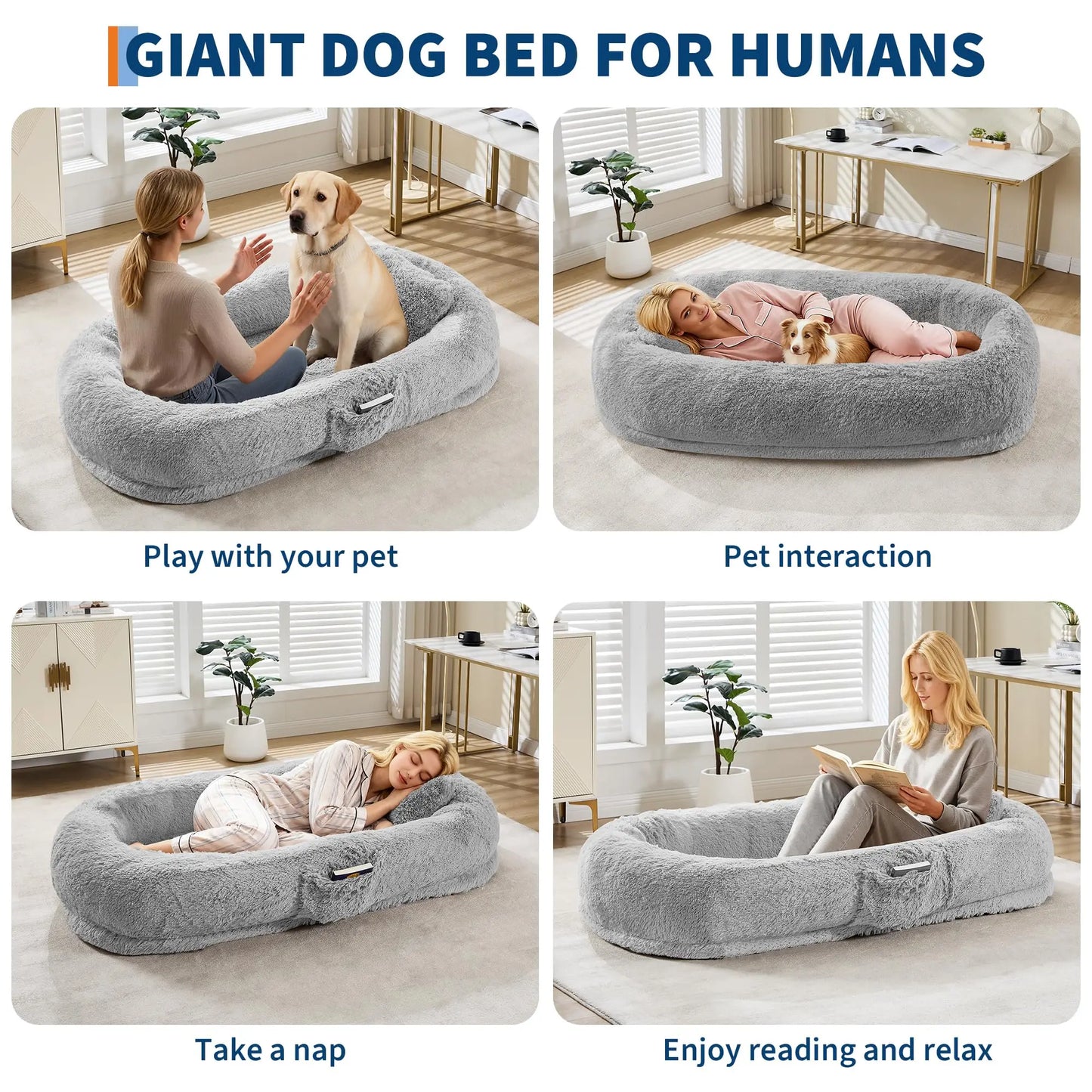 Oversized Human Dog Bed Orthopedic Faux Fur Pet Bed With Pillow Side Pocket Waterproof Lining & Anti-Slip Bottom